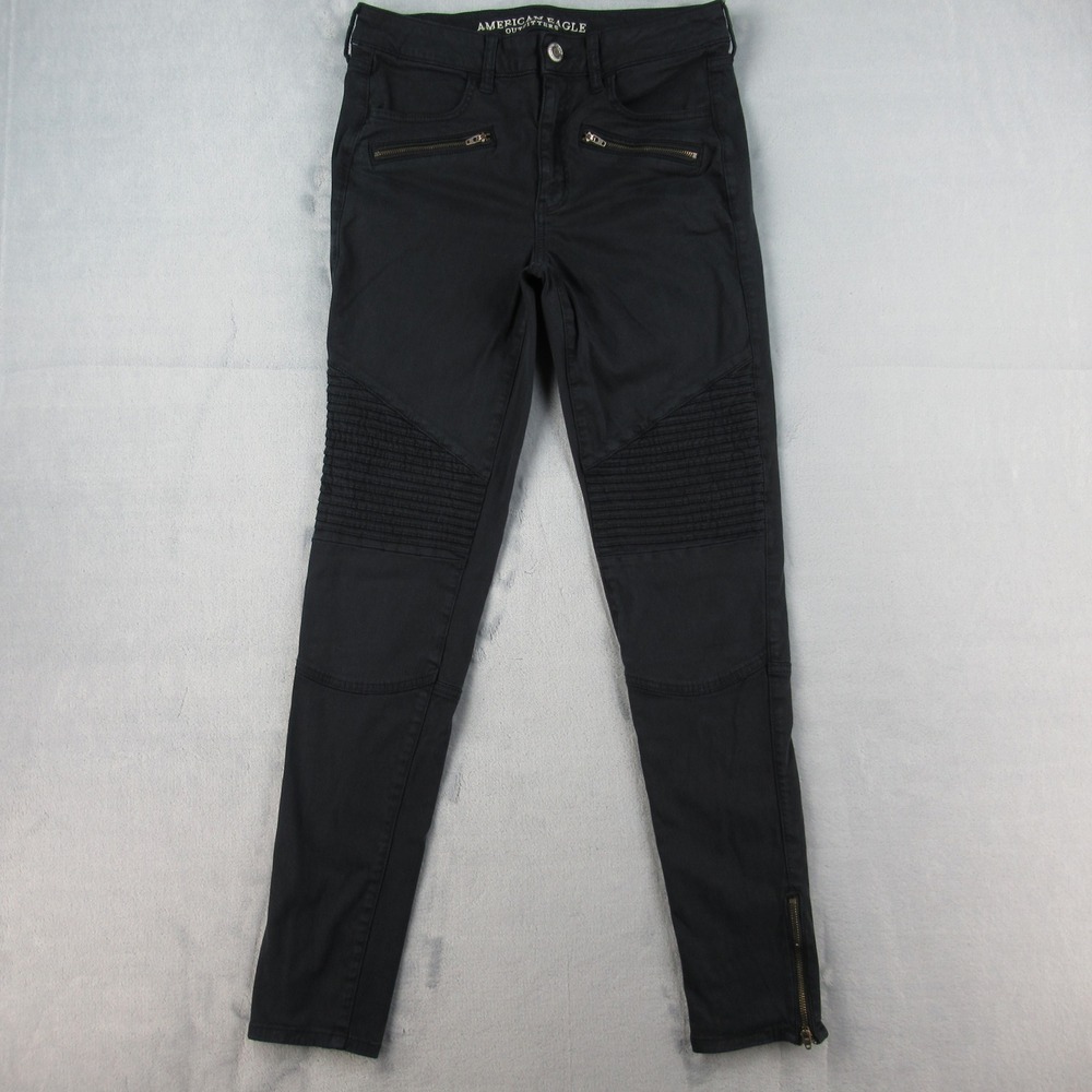 American Eagle Hi-Rise Jegging Black Moto Biker Skinny Jean 8 Long Super Stretch
